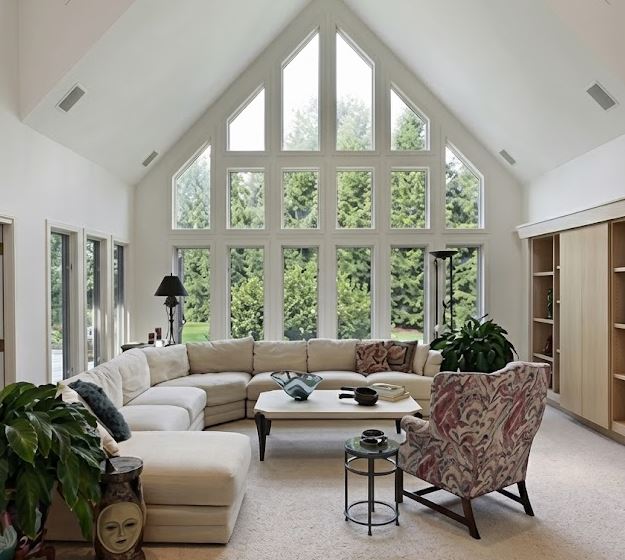 Large multi-paned windows in Plano, TX maximize views in a living room.