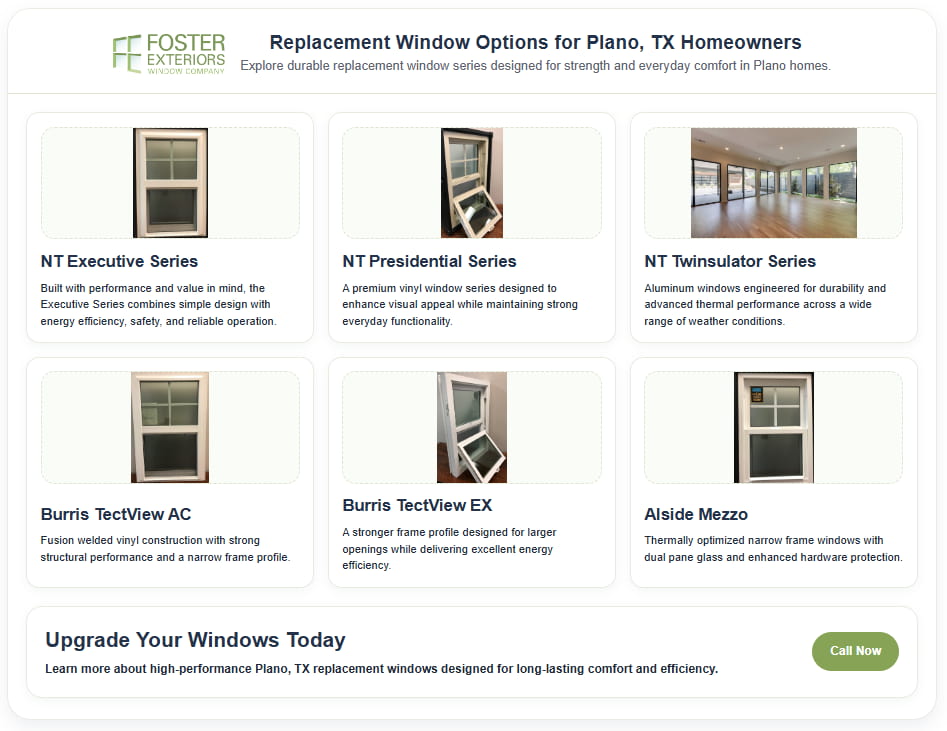 Infographic featuring energy-saving home improvement solutions for Plano, TX replacement windows
