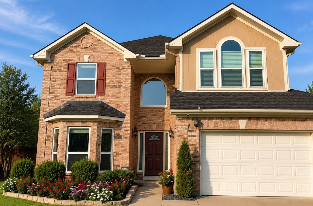 Brick and siding home with multiple window styles for replacement in Plano, TX